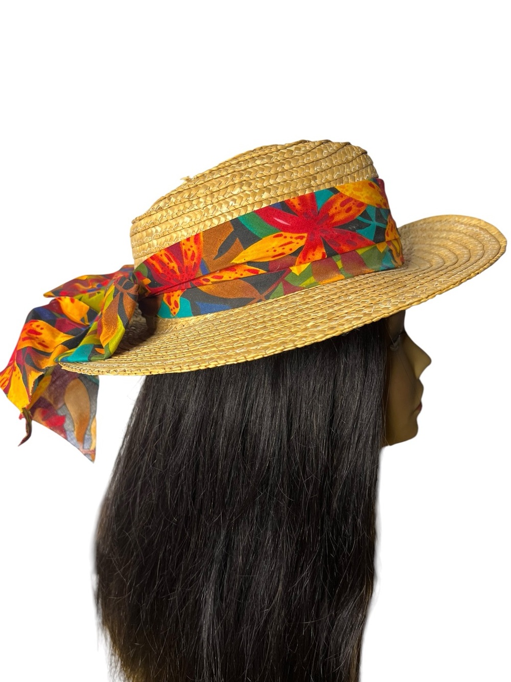 Vintage 90s Kangol Designs Straw Hat Wide Brim Tropical Floral Scarf Bow USA